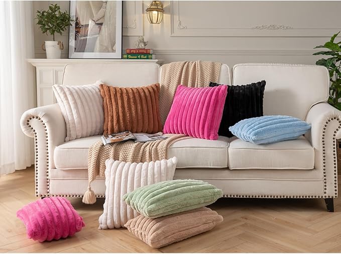 DEELAND Pack of 2,Double-Sided Faux Fur Plush Decorative Throw Pillow Covers Fuzzy Striped Soft Pillowcase Cushion Covers for Sofa Couch Bedroom Beige 26x26 inch