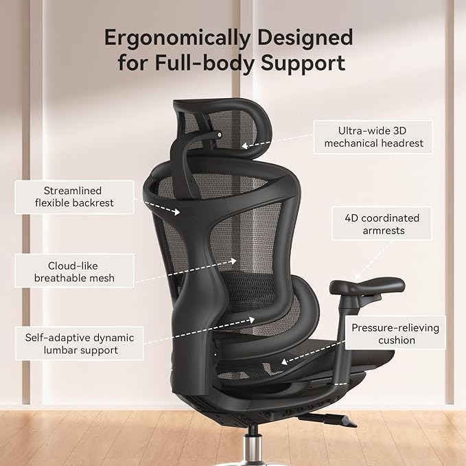 SIHOO Doro C300 Ergonomic Office Chair with Ultra Soft 3D Armrests, Dynamic Lumbar Support for Home Office Chair, Adjustable Backrest Desk Chair, Swivel Big and Tall Computer Chair Black