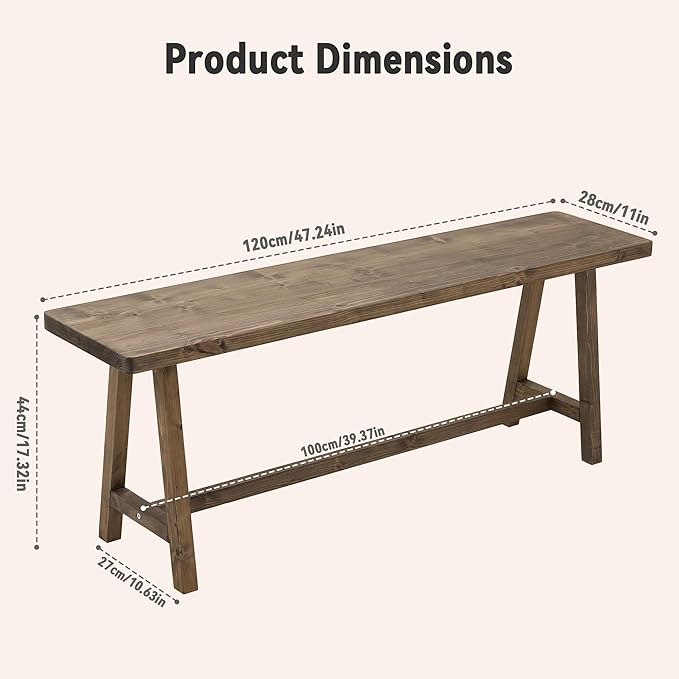 Warmiehomy Solid Wood Bench, 47.2” Rustic Farmhouse Entryway Bench for Living Room Dining Room Hallway Closet Room, Indoors & Outdoors Bench
