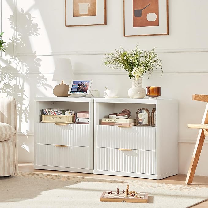 LEYAOYAO Fluted Farmhouse Nightstand Set of 2 with Charging Station, 23" Wide 2 Drawers End Table,White Dresser for Bedroom,Bed Side Table Chest of Drawers Cabinet,Wood Night Stand for Living Room