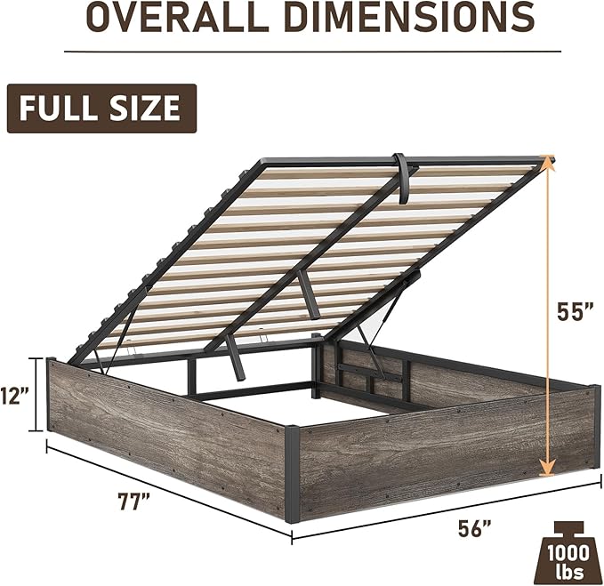 Lift Up Storage Bed Frame, Full Size Wooden Platform Bed with Large Storage Underneath, No Box Spring Needed, Noise Free, Rustic Grey