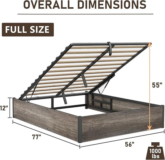 Lift Up Storage Bed Frame, Full Size Wooden Platform Bed with Large Storage Underneath, No Box Spring Needed, Noise Free, Rustic Grey
