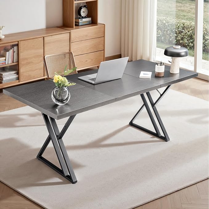 70.9Inch Office Desk, Executive Office Desk,Modern Industrial Style, Z-Shaped Table Legs, Country Black Wood Grain Top, for Home Office, Study, Conference (Ash Black)