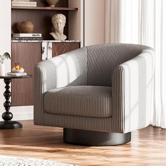 360Β° Swivel Accent Chairs, Modern Bucket Chair, Corduroy Barrel Armchair, Comfy Boucle Chair, Single Sofa for Living Room Bedroom. Dark Grey