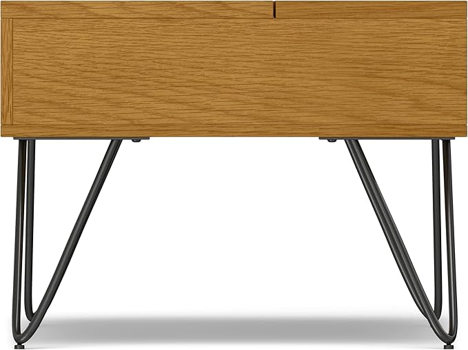 SIMPLIHOME Hunter Small Lift Top Coffee Table - 36 inch Wide Solid Oak Veneer and Metal Industrial Cocktail Table in Oak, Living Room Table with Hidden Storage, 2 Cubbies, and Hairpin Legs