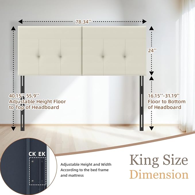 Upholstered King Size Headboard, Headboard King with Sturdy Metal Legs, Tufted Upholstery Design Bed Headboards with Adjustable Width & Height (Ivory)