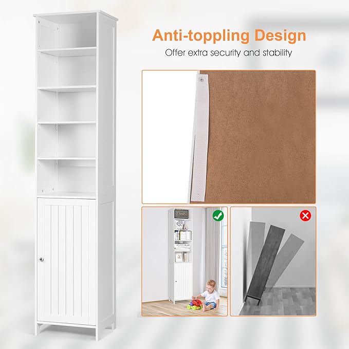 COSTWAY Bathroom Storage Cabinet, Freestanding Floor Cabinet with 3-Level Adjustable Shelves, Convenient Door & Knob, Narrow Tall Cabinet Organizer for Bathroom, Living Room, Kitchen (White)