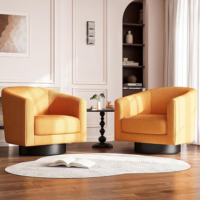 360Β° Swivel Accent Chairs Set of 2, Modern Bucket Chair, Corduroy Barrel Armchair, Comfy Boucle Chair, Single Sofa for Living Room Bedroom. Orange
