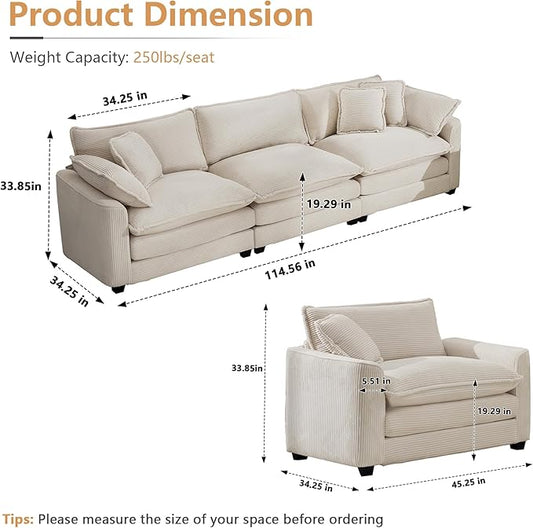 mikibama Luxury 3 Piece Sofa Set, 3-Seater & 2 Single Sofa Set, Modern Corduroy Comfy Cloud Couches Set for Living Room Office with 2 Armrest Pillows and 5 Toss Pillows, Beige