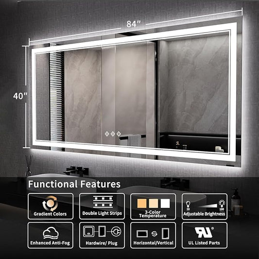 Big Bathroom Mirror, 84x40 Inch Gradient Front and Backlit Lighted Mirror, 3 Colors Dimmable CRI>90 Double Lights, IP54 Enhanced Anti-Fog, Wall Mount LED Vanity Mirror