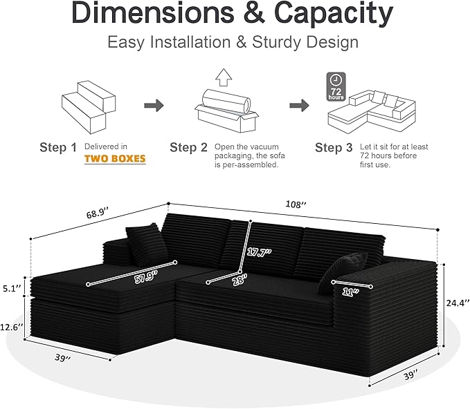 108-inch Boneless Couch for Living Room,Comfy Boneless Sofa with Deep Seats & Chaise Lounge, 3-Seat Modular Sofa Memory Foam Sectional Couches - No Assembly Required(Dark Black)