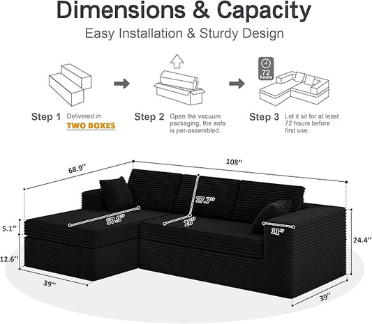 108-inch Boneless Couch for Living Room,Comfy Boneless Sofa with Deep Seats & Chaise Lounge, 3-Seat Modular Sofa Memory Foam Sectional Couches - No Assembly Required(Dark Black)