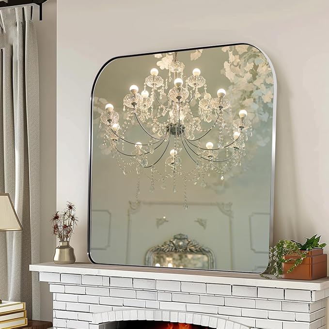 ANDY STAR Chrome Arched Mantel Large Wall Mirror, 30x36 Polished Nickel Stainless Steel Framed Arch Mirror Wall-Mounted for Wall Decor Living Room, Bathroom, Bedroom, Entryway & Fireplace Mantel