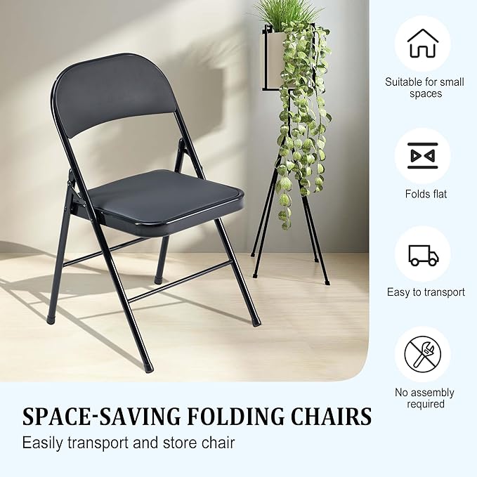10 Pack Black Folding Chairs with Padded Cushion and Back, Foldable Outdoor Chairs with 330-LBS Capacity, Portable Heavy Duty Metal Frame Commercial Seat for Party Kitchen Dinning Events Wedding