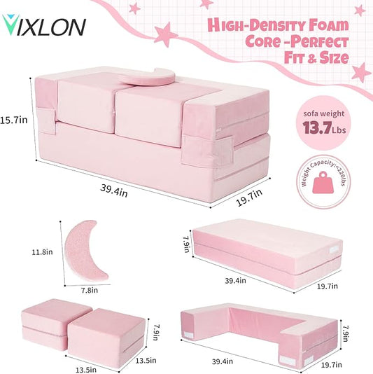 5 Pcs Modular Kids Play Couch, Toddler Couches That Fold Out, Plush Foam Chair for Children’s Playroom, Velvet Fabric Convertible Foam and Floor Cushion for Boys and Girls (Pink,02)