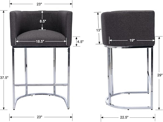 Bar Stools 29" Counter Height Bar Stools Upholstered Fabric Barstool Modern Barrel Counter Stool Kitchen Counter Island Stools with Chrome Metal Base, Charcoal