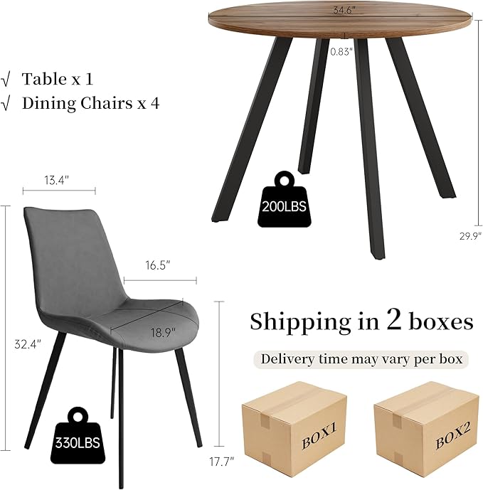 34.6'' Round Dining Table and Chairs for 4 Space Saving for Apartment Kitchen Dining Room (Walnut Table+4 Grey Chairs)