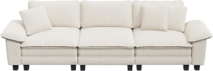 123" Cloud Modular Sectional Sofa, 3-Seater w/Deep Seat & Removable Arms, Plush Corduroy for Living Room - Beige