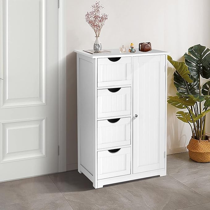 VINGLI White Bathroom Storage Cabinet with 4 Drawers 1 Cupboard Side Storage with Adjustable Shelf, Wood Bathroom Floor Cabinet with Drawers Also for Kitchen, Entryway, Bedroom, 22" Wx11.8 Dx32.3 H