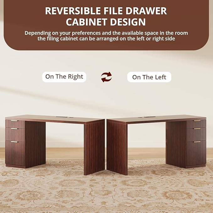 FURSUN 58" Modern Executive Desk with Storage, Home Office Desk with Drawer & Cabinet, Wooden Fluted Desk for Study, Living Room, Bedroom, Dark Walnut