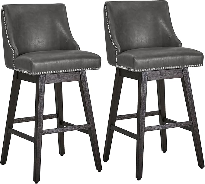 CHITA Counter Height Swivel Bar Stools Set of 2, FSC Certified Upholstered Counter Stools, Modern Swivel Barstools with Wood Legs for Kitchen Island, 30" Seat Height, Faux Leather in Retro Grey