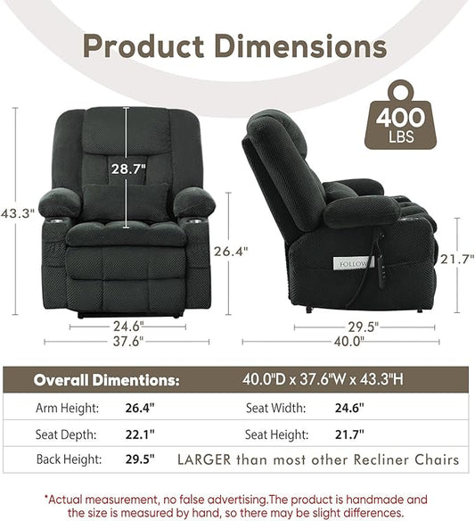 ABCASA Oversized Dual Motor Lay Flat Power Lift Massage Recliner Chair Set of 2 for Elderly with Heat for Living Room, Lift Chairs Recliner with Lumbar Pillow, Cup Holder - Grey