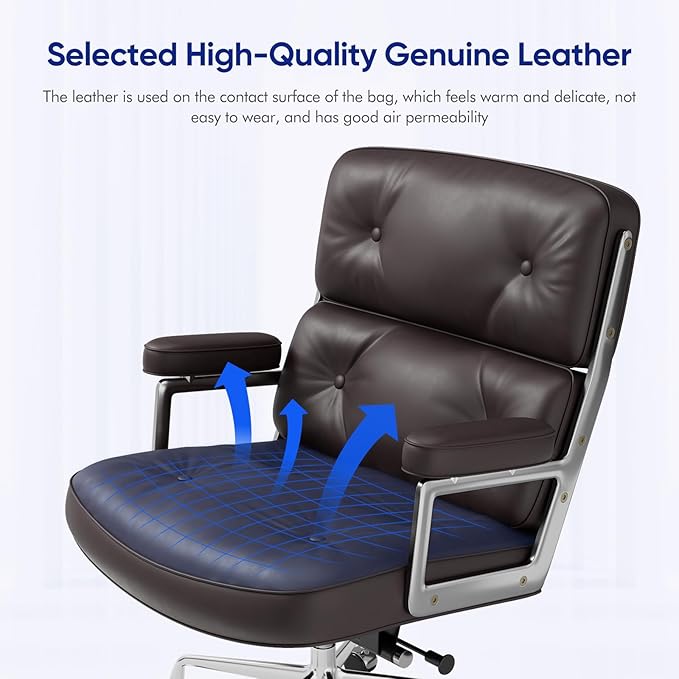 Genuine Leather Office Chair, Mid Back Executive Desk Chairs with Aluminum Arms and Wheels, Swivel Office Leather Chair with Thickened Backrest and Ergonomic Lumbar Support, Brown