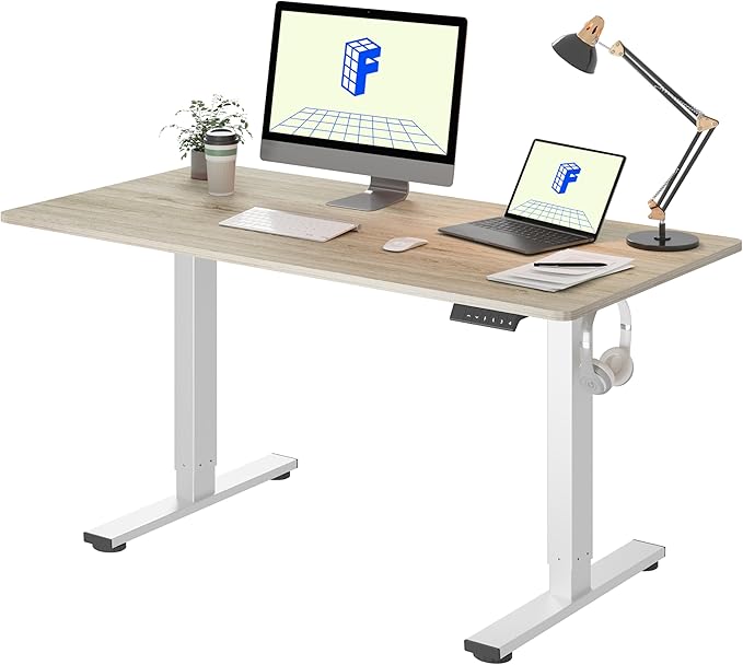 FLEXISPOT EN1 One-Piece Standing Desk, 48 x 24 Inches Electric Height Adjustable Desk for Home Office (White Frame + White Wood Grain Desktop)