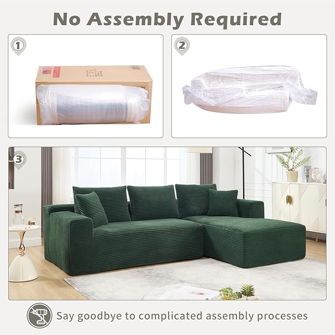 PELUMY 108.7" L-Shaped Modular Sectional Sofa with Oversized Chaise, Cloud Couch with Memory Foam, No Assembly Required Sleeper Sofa for Small Space Living Room, Apartment (Green, Corduroy)
