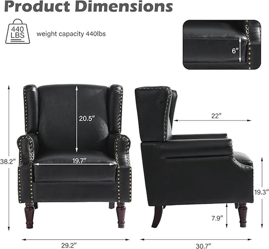 UIXE PU Leather High Back Accent Chair, Upholstered Armchair for Living Room, Retro Wingback Arm Chair Nailhead Trim Single Sofa Bedroom Reading Seat with Solid Wood Legs - Black