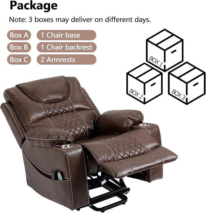 Power Lift Recliner Chair Sofa with Massage and Heat for Big and Tall Elderly,Infinite Positions,Single Motor,Cup Holders,and USB Ports,Faux Leather Home Theater Seat