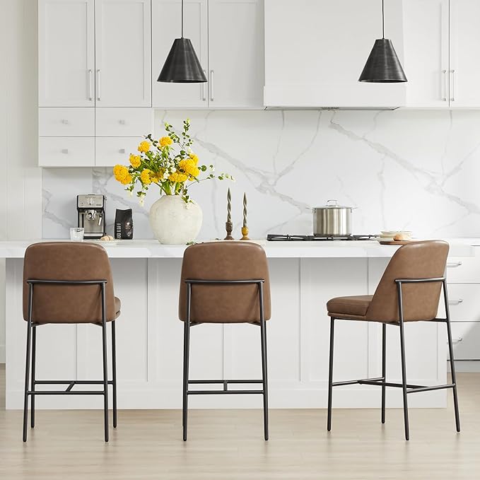 CHITA Counter Height Bar Stools Set of 2, FSC Certified Metal Barstools for Kitchen Island, 27" H Seat Height, Faux Leather, Saddle Brown