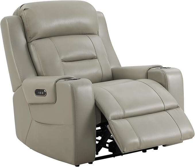 Watson & Whitely Genuine Leather Power Recliner Chairs for Adults, Lay Flat Recliner with Power Headrest, USB Ports and Cup Holders, Electric Reclining Sofa for Living Room, Bedroom, Grey