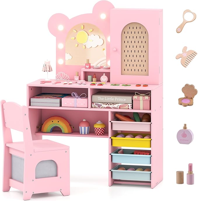 Costzon Kids Vanity with Lights, Girls Vanity Set with Mirror, Storage Drawers, Cabinet & Shelves, Toddler Makeup Vanity Desk Dressing Table, Wooden Kids Vanity Table and Chair Set (Pink)