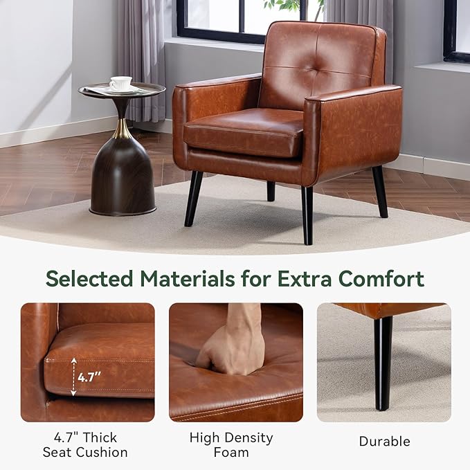 Accent Chair Set of 2, PU Leather Modern Chair with Wooden Frame, Cozy Armchair Reading Chair with Comfy Back for Apartment, Living Room, Bedroom, Waiting Room, Small Space, Corner, Brown
