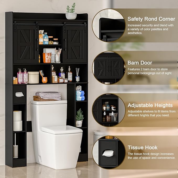 Farmhouse Storage Cabinet Over Toilet with Sliding Doors,Over The Toilet Storage Cabinet, Home Space-Saving Toilet Rack, for Bathroom, Restroom, Laundry.Pure Black