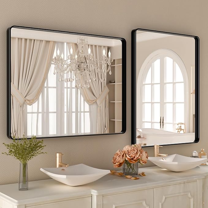 Black Metal Framed Bathroom Mirror for Wall,28X32 Inch Rounded Rectangle Mirror,Matte Black Bathroom Vanity Mirror Farmhouse,Anti-Rust,Tempered Glass,Hangs Horizontally or Vertically
