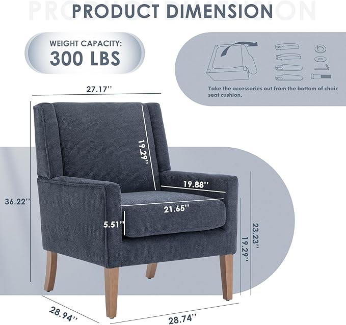 COLAMY Modern Wingback Living Room Chair, Upholstered Fabric Accent Armchair, Single Sofa Chair with Lounge Seat and Wood Legs for Bedroom/Office/Reading Spaces, Blue