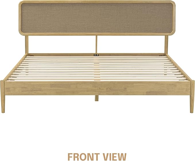 NTC Lupin Wooden Bed Frame with Headboard, Solid Oak and Rubber Wood Foundation with Silent Slats and Wood Central Supports, 1000 Lb Capacity, King - Sand