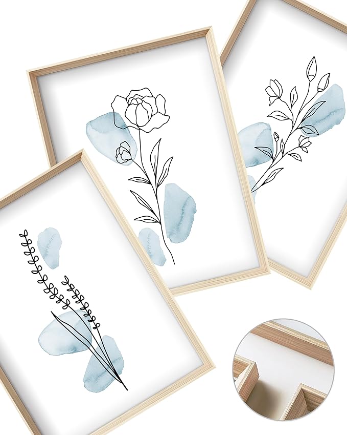 HesenDot Framed Blue Floral Canvas Wall Art,Minimalist Botanical Wall Art Decor,12x16IN Wood High Framed Prints,Boho Flowers Artworks Prints Posters for Living Room,Kitchen,Bedroom Set of 3