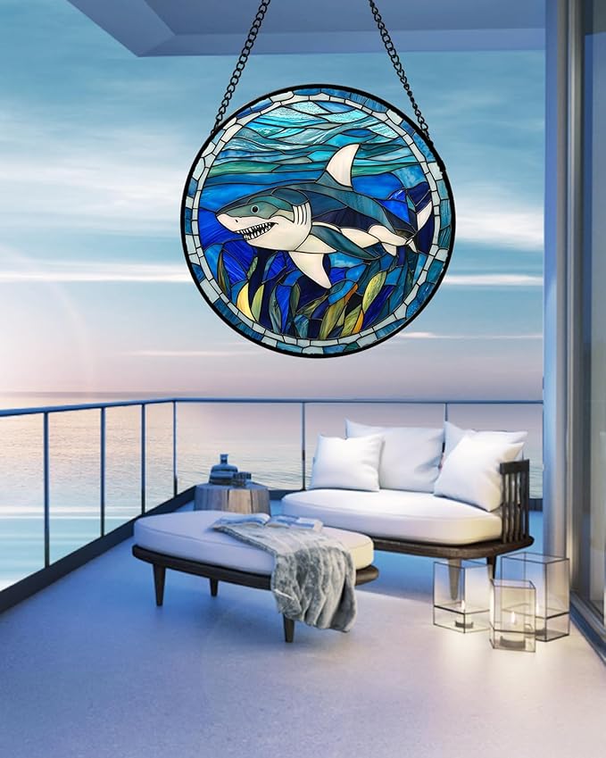 Stained Glass Suncatcher, Blue Ocean Big Shark Sun Catcher Waterweed Stain Glass Window Hanging Decoration Mother's Day Birthday Gifts for Women Men Mom Nana 15 in