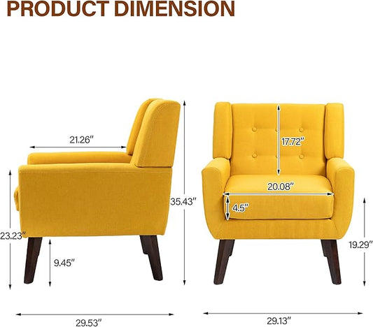 Accent Chairs Set of 2, Modern Fabric Armchairs for Living Room, Comfy Upholstered Arm Chairs Tufted for Indoor Bedroom Office Room (Yellow)