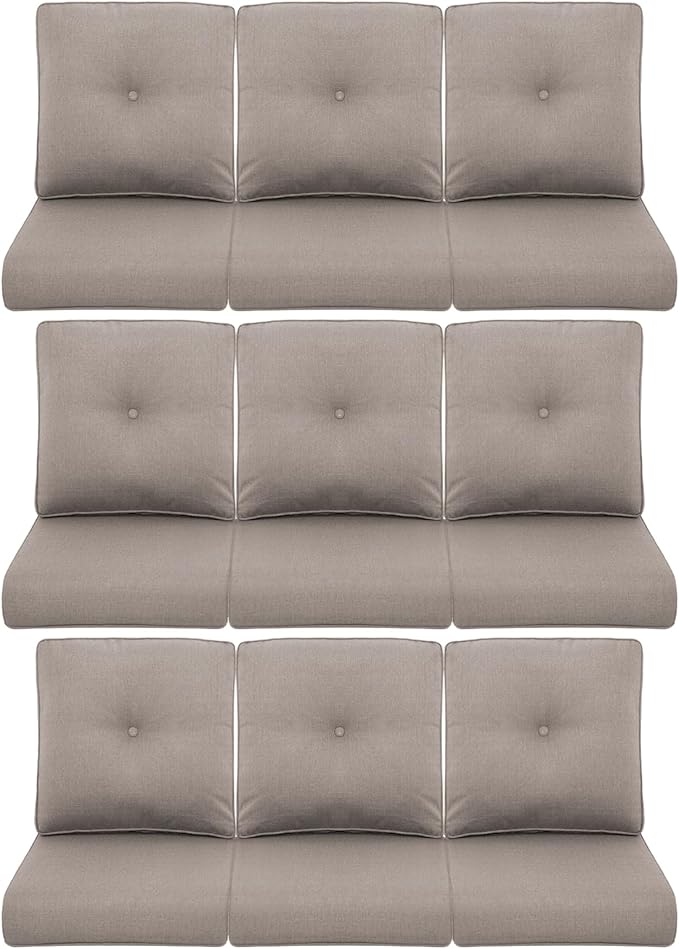 9-Piece Outdoor Patio Cushion Set - Fade & Water Resistant with Removable Olefin Cover, 22x24x4 Inch Memory Foam Cushions for Wicker Sectional Sofa – Grey/Buckle