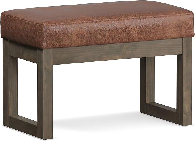 SIMPLIHOME Milltown 27 inch Wide Contemporary Rectangle Footstool Ottoman Bench in Distressed Saddle Brown Vegan Faux Leather, Assembled, for the Living Room and Bedroom