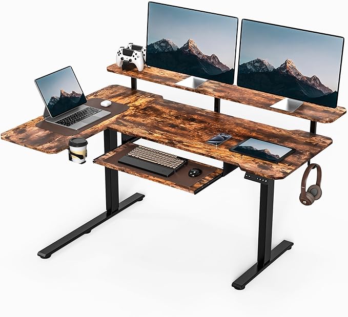 59 Inch L Shaped Standing Desk with Shelves and Keyboard, Electric Corner Standing Desk Adjustable Height, Sit Stand Computer Table with Reversiable Splice Board,Rustic Brown