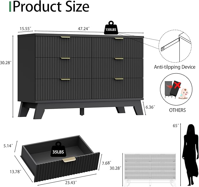 Fluted Dresser for Bedroom with 6 Drawers, 48" Wide Wooden Chest of Drawers with Metal Handle, Modern Dresser TV Stand, Wood Closet Clothes Storage Organizer for Living Room, Hallway, Black