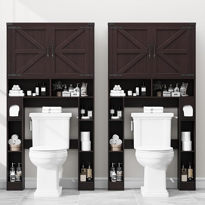 Vabches Over The Toilet Storage Cabinet, Farmhouse Storage Cabinet Over Toilet with 2 Barn Doors ,Toilet Paper Holder Stand,Home Space-Saving Toilet Rack, for Laundry, Restroom, Bathroom(Walnut)