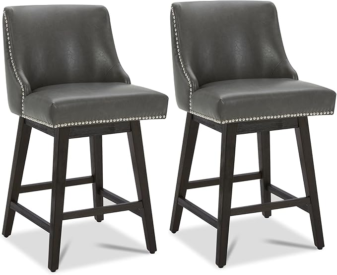 CHITA Counter Height Swivel Bar Stools Set of 2, FSC Certified Upholstered Counter Stools, Modern Swivel Barstools with Wood Legs for Kitchen Island, 26" Seat Height, Faux Leather in Retro Grey