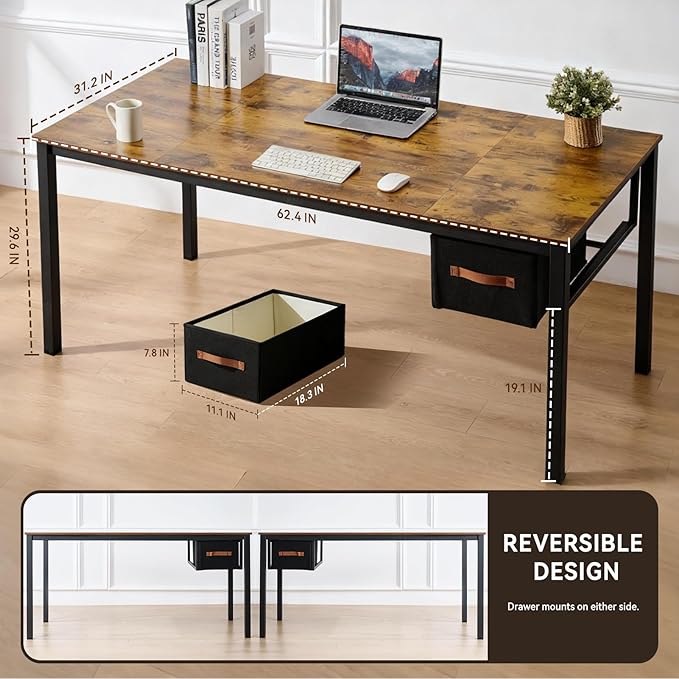 Computer Desk with Drawer, 63 Inch Large Home Office Work Desks, Modern Writing Study PC Desk Gaming Table for Bedroom Home, Stable Thick Metal Legs Frame Support (Rustic Brown)