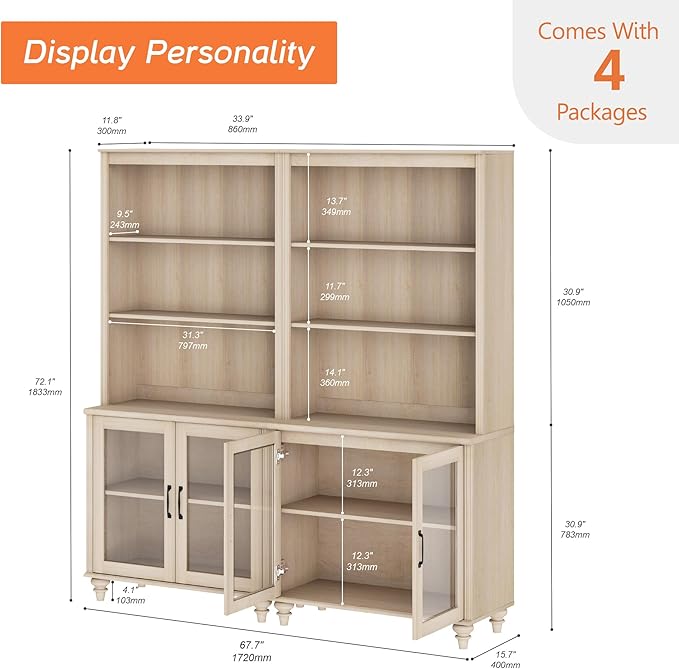 WAMPAT 5 Tier Bookshelf 72" Tall Bookcase with Glass Doors,Large Farmhouse Display Book Shelf with Adjustable Shelves and Storage Cabinet,Library Wood Bookshelves for Living Room,Kitchen, Light Oak